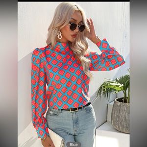 Print Mock Neck Lantern Sleeve Blouse